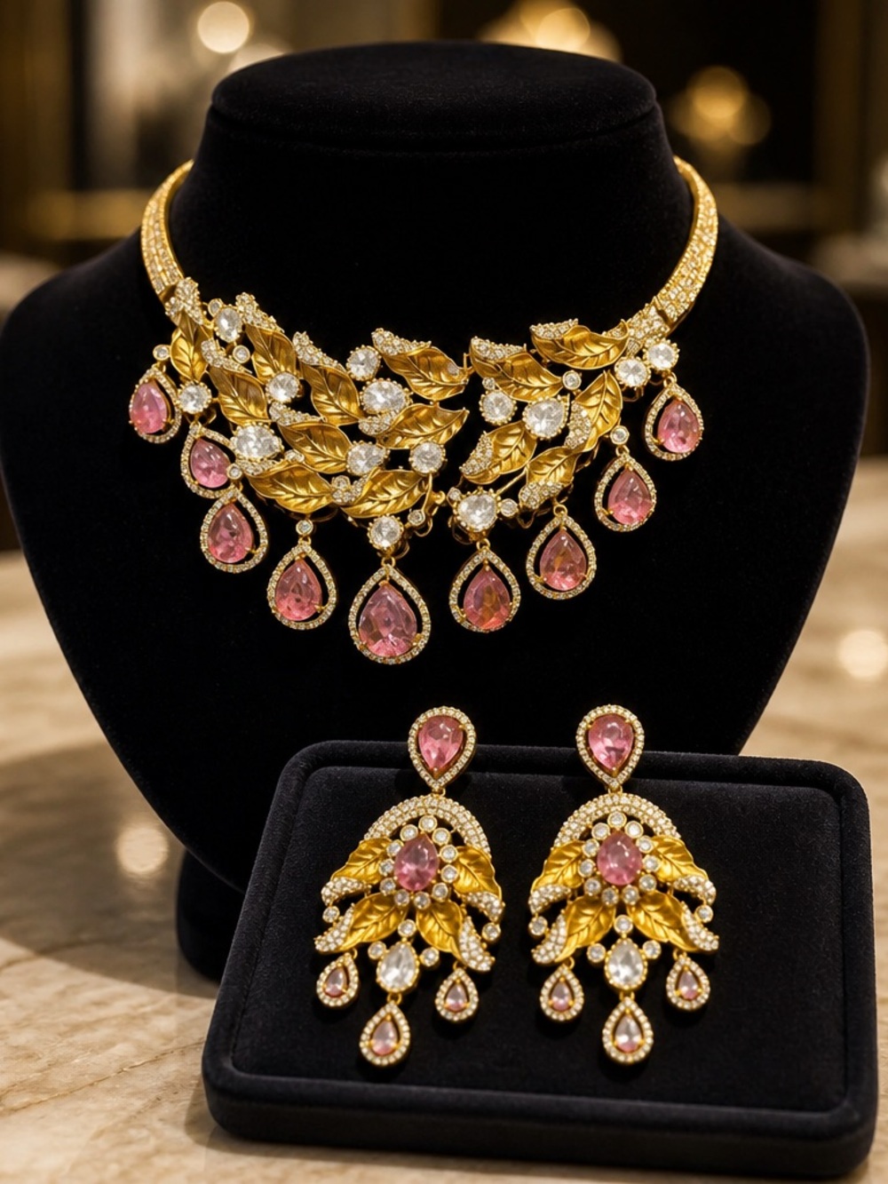 Elegant Gold Leaf Necklace & Earrings Set with Pink Gemstones- gold plated